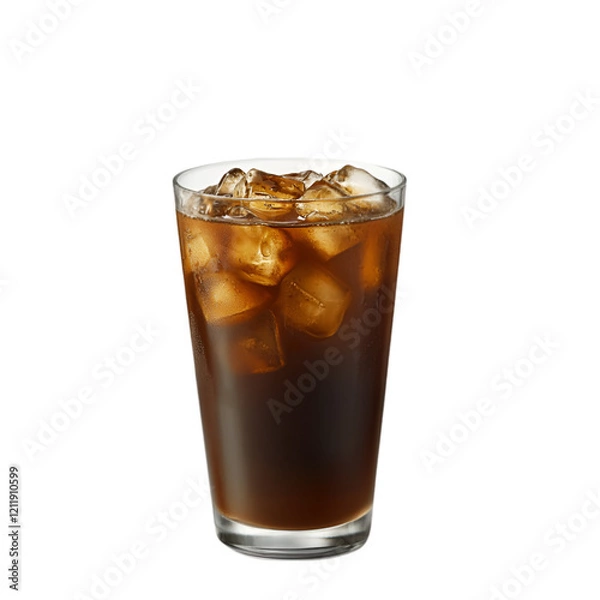 Fototapeta Refreshing iced coffee in a tall glass, perfect for a hot day.  The dark brown liquid is filled with ice cubes.