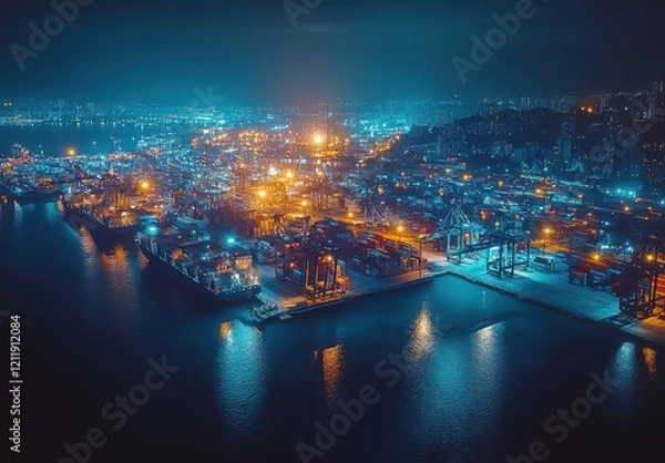 Fototapeta Captivating Aerial View of an Industrial Port at Night with Illuminated Cranes, Containers, and Reflections in Calm Waters of a Harbor