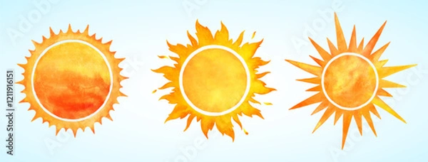 Fototapeta Watercolor vector round sun shapes, spiked crowns, sunburst. Rising sun, sunset, dawn illustrations bundle. Orange red yellow watercolour stains circles, fire flaming frames. Maslenitsa background set