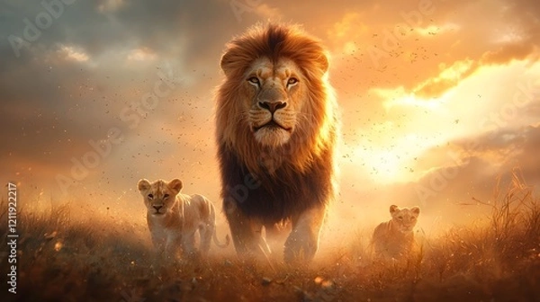 Fototapeta A powerful lion leading a pride of majestic felines through the vast serene savanna under a glowing dramatic sunset sky   a symbol of guidance unity and the wonders of the natural world