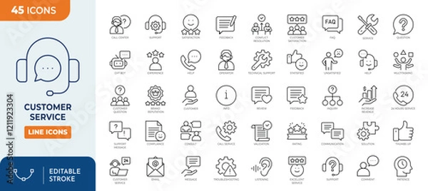 Obraz Customer service line editable icon set. Containing customer satisfied, assistance, experience, feedback, operator, technical support and more. Vector illuatration