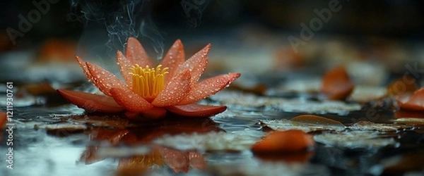 Fototapeta Orange water lily with dew drops, steaming on dark water, surrounded by fallen petals.