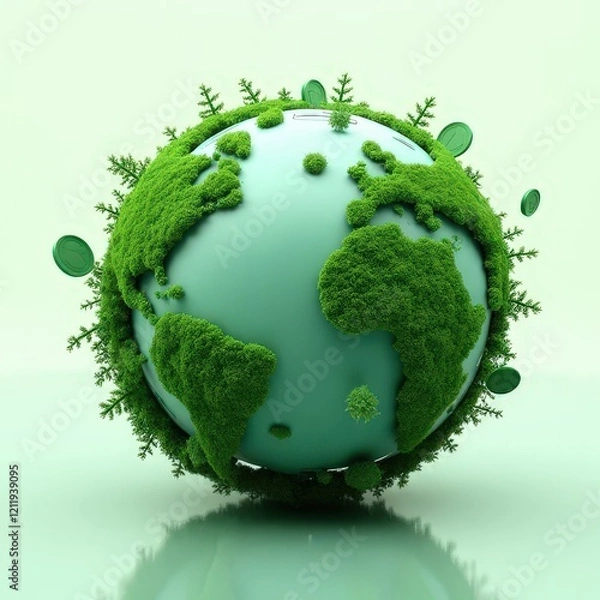 Fototapeta Eco-Inspired Digital Sphere
A digitally rendered globe surrounded by abstract elements like green foliage, coins, and futuristic icons.