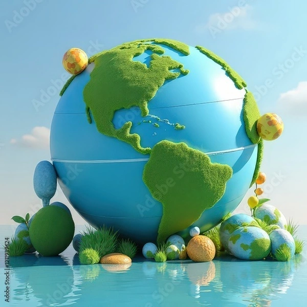 Fototapeta A surreal concept combining inflatable earth globes or spheres with whimsical, colorful accents for travel or environmental themes.

