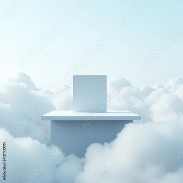 Fototapeta podium, white bright sky floating above clouds, product display horizontal