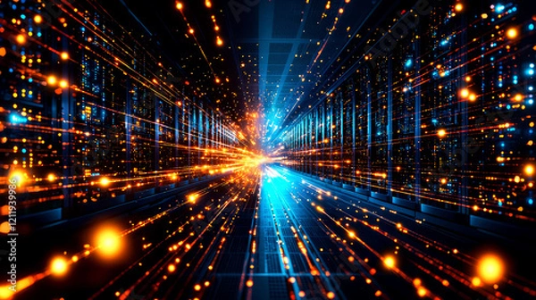 Obraz Abstract Digital Data Stream: Futuristic Server Room Network Visualization