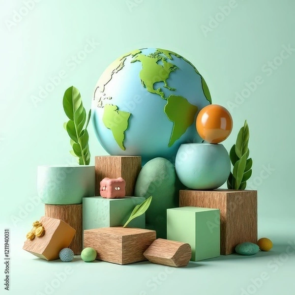 Fototapeta Sustainable Artistic Forms
Abstract eco-friendly shapes like wooden blocks, greenery, and textured stone integrated into a balanced composition Balloon Earth Elements