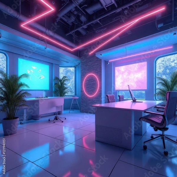Fototapeta Futuristic Abstract Workspace A blend of minimalist furniture and neon geometric elements, suitable for technology-focused presentations.