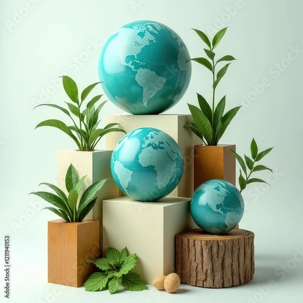 Fototapeta Sustainable Artistic Forms
Abstract eco-friendly shapes like wooden blocks, greenery, and textured stone integrated into a balanced composition Balloon Earth Elements