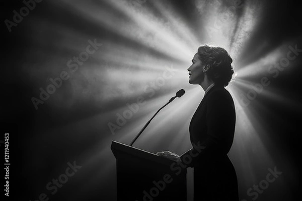 Fototapeta A silhouette of a woman stands confidently at a podium under dramatic lighting, creating a sense of elegance and timelessness with a radiating spotlight behind.