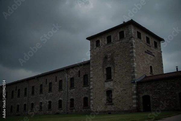 Obraz A large, old prison building stands tall with high stone walls and barred windows. In the background, dark clouds gather, creating a moody atmosphere around the structure
