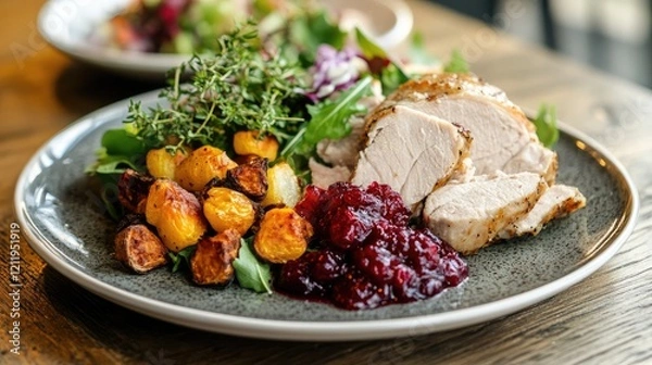 Fototapeta Roasted meat with cranberry sauce served on a plate with garnished salad and colorful roasted vegetables for a festive dining experience