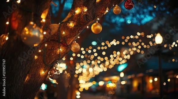 Obraz Festive tree adorned with glowing garlands and ornaments illuminating a charming street during nighttime celebrations.