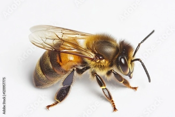 Fototapeta A close-up view of a bee sitting on a white surface, highlighting its details