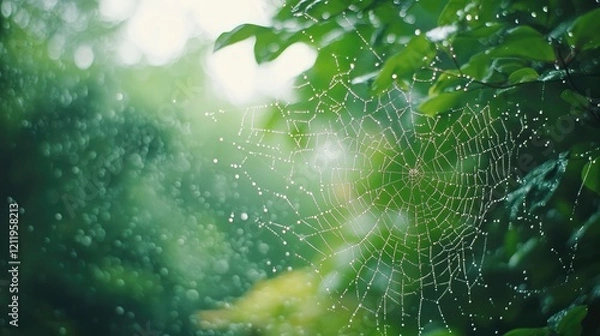Fototapeta Dew-covered spider web glistening in early morning light with lush green forest backdrop in close-up view