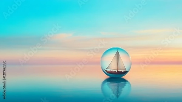 Fototapeta Sailing boat encapsulated in a glass sphere floats on serene waters under a pastel sky at sunset.