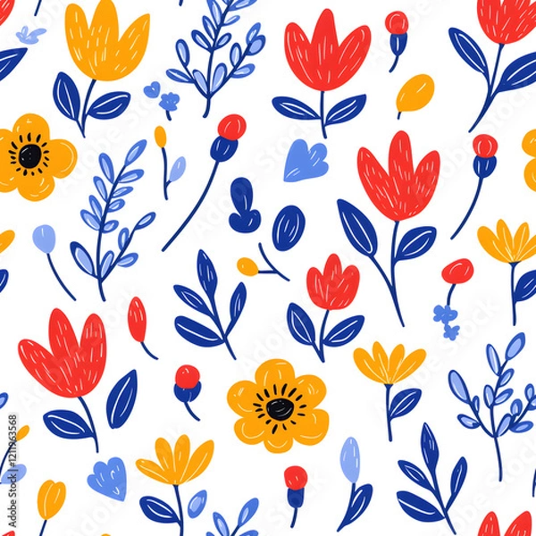 Fototapeta Folk art inspired seamless pattern with flowers, geometric organic shapes, on white background 