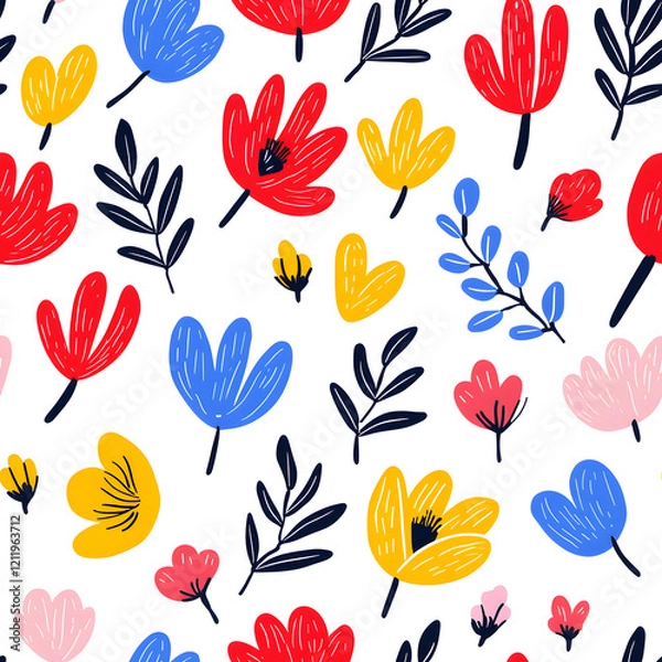 Fototapeta Folk art inspired seamless pattern with flowers, geometric organic shapes, on white background 