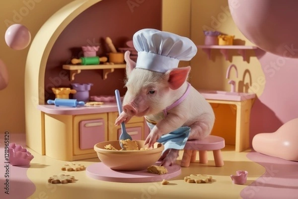 Fototapeta A piglet chef in a tiny kitchen prepares cookies, showcasing adorable baking skills.