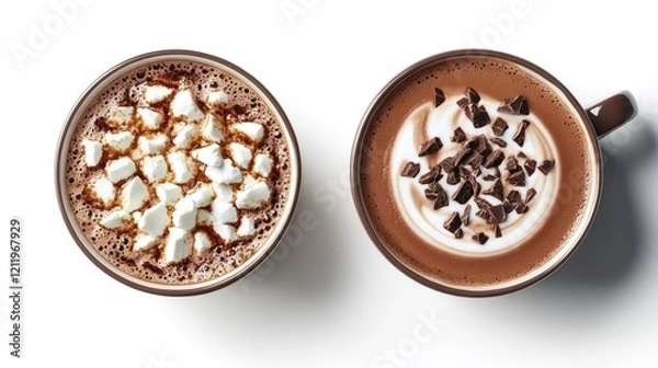 Obraz Top view of two stylish mugs filled with hot cocoa topped with marshmallows and cappuccino adorned with chocolate sprinkles on a bright white background