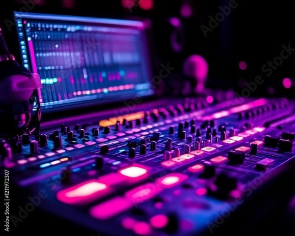 Fototapeta Illuminated music production console and computer.