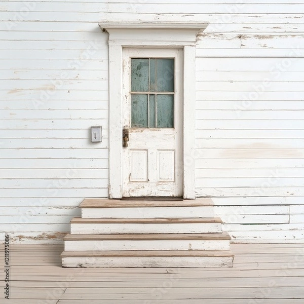 Fototapeta Weathered white door with small window and worn wooden steps against rustic white wall in peaceful setting