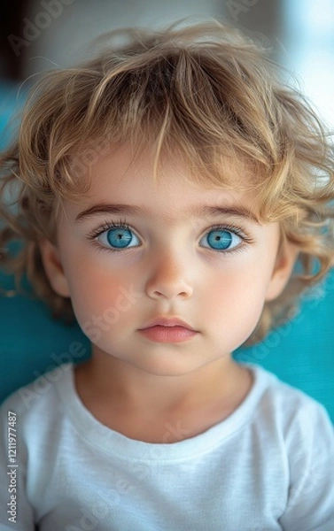 Fototapeta A young child with soft, curly hair and bright blue eyes gazes curiously at the camera. Natural light softly illuminates the indoor space, highlighting the child's features