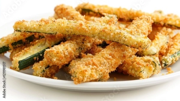 Fototapeta A plate of crispy zucchini fries with golden-brown breaded zucchini sticks, Each fry’s crunchy exterior and tender interior captured with precision
