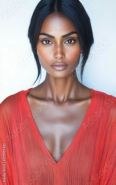 Fototapeta A confident woman with smooth brown skin and long black hair gazes directly at the viewer. She wears a deep red garment that accentuates her graceful neckline and features