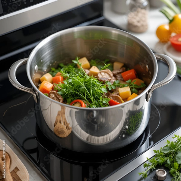 Fototapeta Fish perch is stewed in cauldron with tomatoes, carrots and onions on gas stove