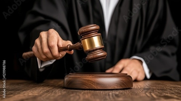 Fototapeta judge is raising a gavel to deliver a verdict in a courtroom. wooden surface reflects the solemn atmosphere, emphasizing the importance of the proceeding
