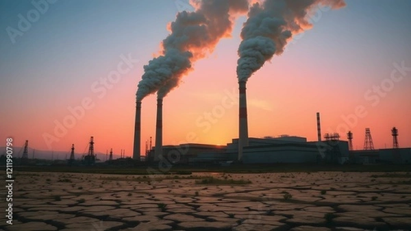 Fototapeta Industrial landscape with smoking chimneys of a power station at sunset