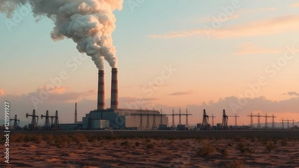 Fototapeta Industrial landscape with smoking chimneys of a power station at sunset