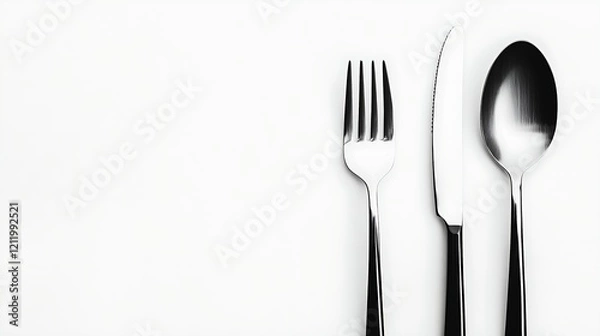 Obraz Minimalist Metallic Cutlery Set on White Background