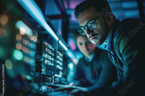 Obraz Focused technician troubleshooting a laptop issue in a vibrant tech lab environment with dramatic lighting, highlighting technical expertise and teamwork effort.