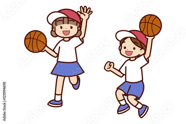 Obraz バスケットボールをする男の子と女の子