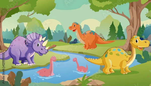 Fototapeta Cute dinosaurs in the jungle. Vector illustration of a cartoon dinosaurs.