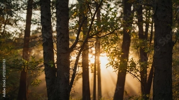 Fototapeta sun in the forest generative ai