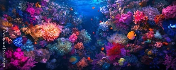 Fototapeta Vibrant coral reef teeming with colorful fish and anemones.  A stunning underwater scene.