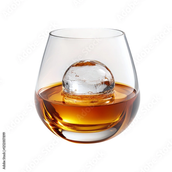 Obraz Elegant glass with whiskey and ice sphere Isolated on transparent background