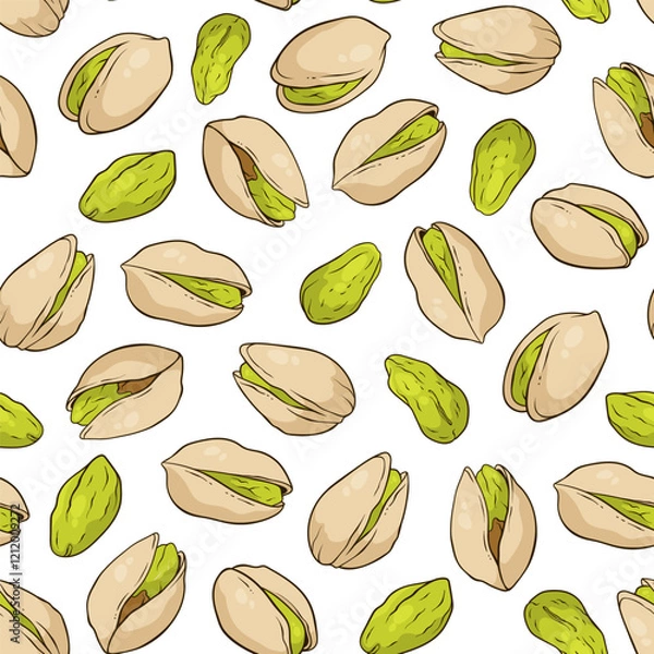 Fototapeta Seamless pattern with pistachio nuts on white background, vector hand-drawn illustration