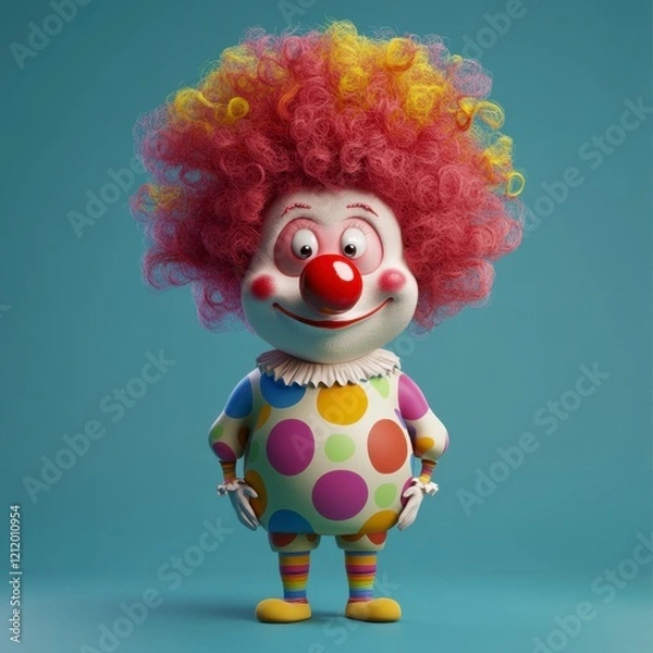 Fototapeta Colorful cartoon clown character with curly hair and polka dots
