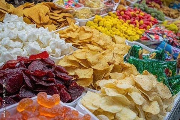 Fototapeta Assortment of chips and jellys in a store display case