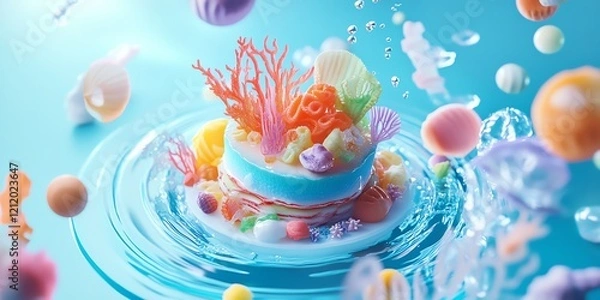 Fototapeta Whimsical underwater scene with a pastel cake adorned with coral and seashells, surrounded by colorful candy and water droplets. Dreamy and magical.