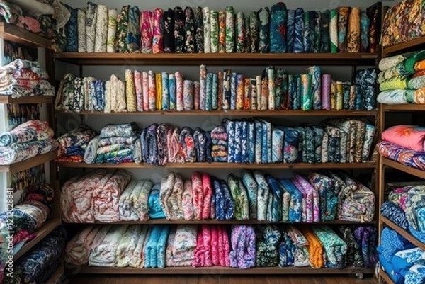 Obraz Colorful fabric rolls on wooden shelves in a retail store