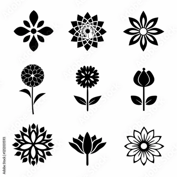 Fototapeta set of black and white flowers, Black and white floral icons, minimalist flower silhouettes, botanical illustrations, graphic design elements, stylized plant shapes, vector flower symbols, lotus, sunf