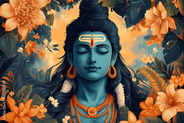 Fototapeta Poster art of a young lord Shiva depicted in muted bluish and orange tones, blending modern aesthetics with divine symbolism, radiating serenity and spiritual power.