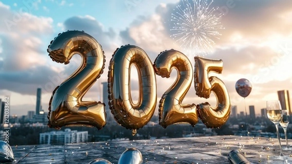 Fototapeta New year celebration 2025 rooftop party festive atmosphere urban setting evening view joyful moments