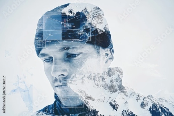 Fototapeta Stunning Portrait of a Mountain Climber Merged with Geological Graphs, Showcasing Altitude Impact and Snowy Mountain Landscape in a 4 Gigapixel Image