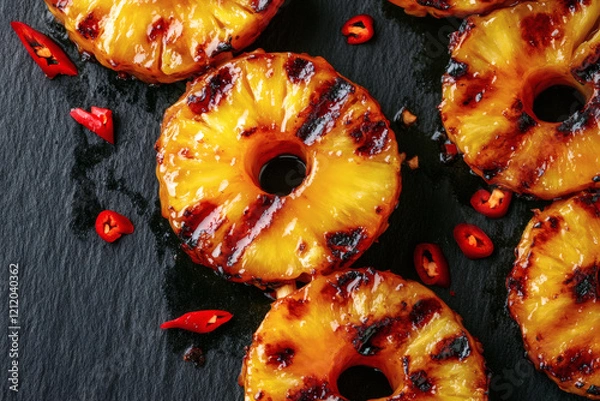 Fototapeta Charred pineapple skewers with caramelized edges, glazed in honey and sprinkled with chili flakes, a dark slate backdrop, creating a moody atmosphere.